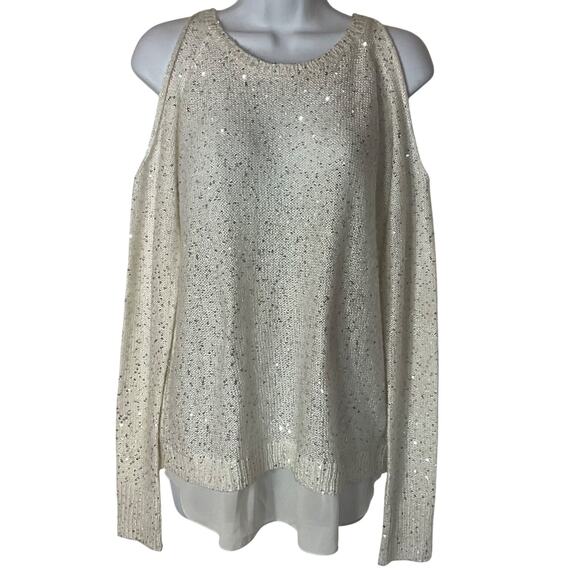 Jessica Simpson Tops - Jessica Simpson Abbey White Cold Shoulder Sequin Sweater/Chiffon Top XS
